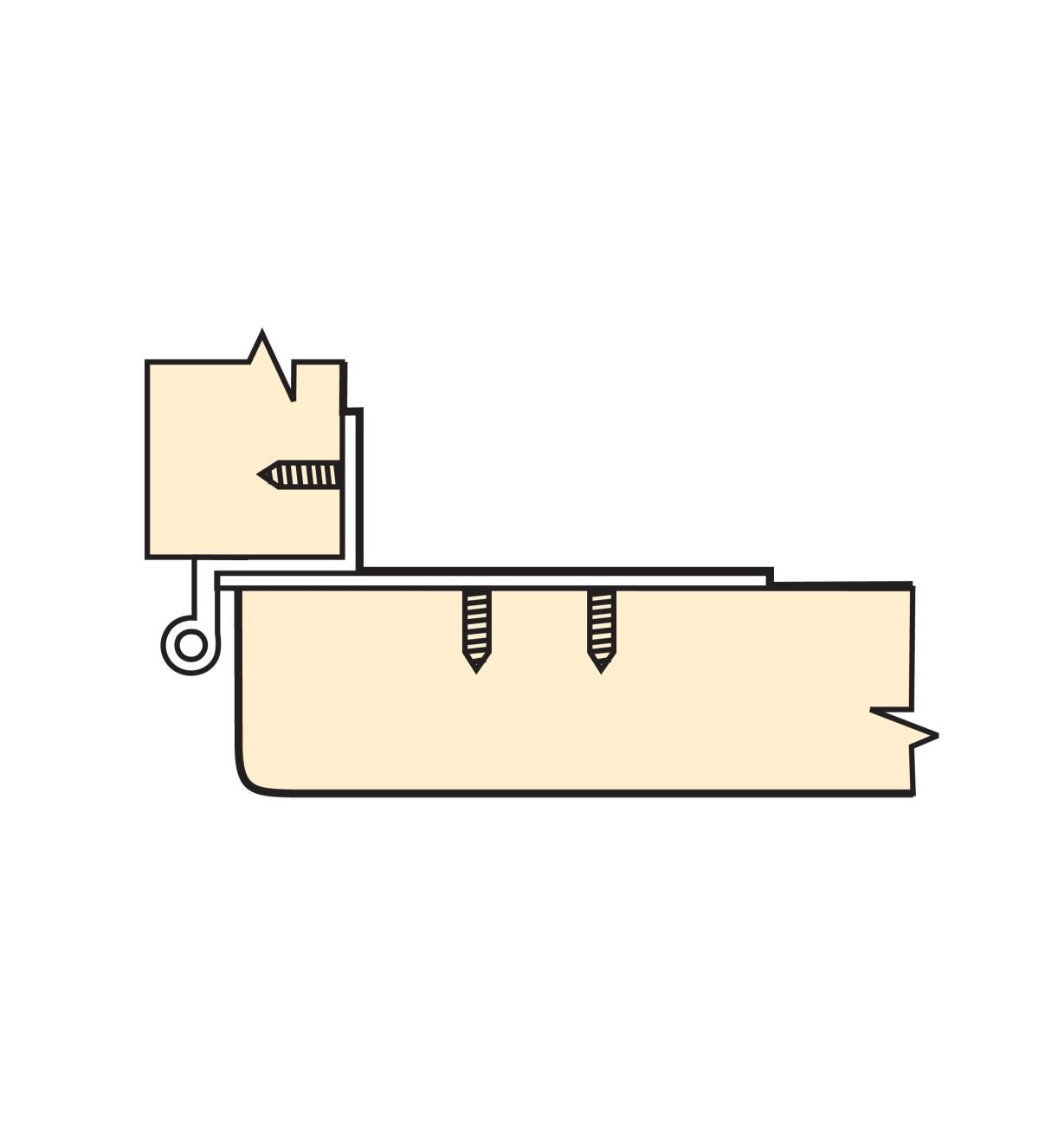 Cutaway diagram of installed wrap overlay semi-concealed hinge