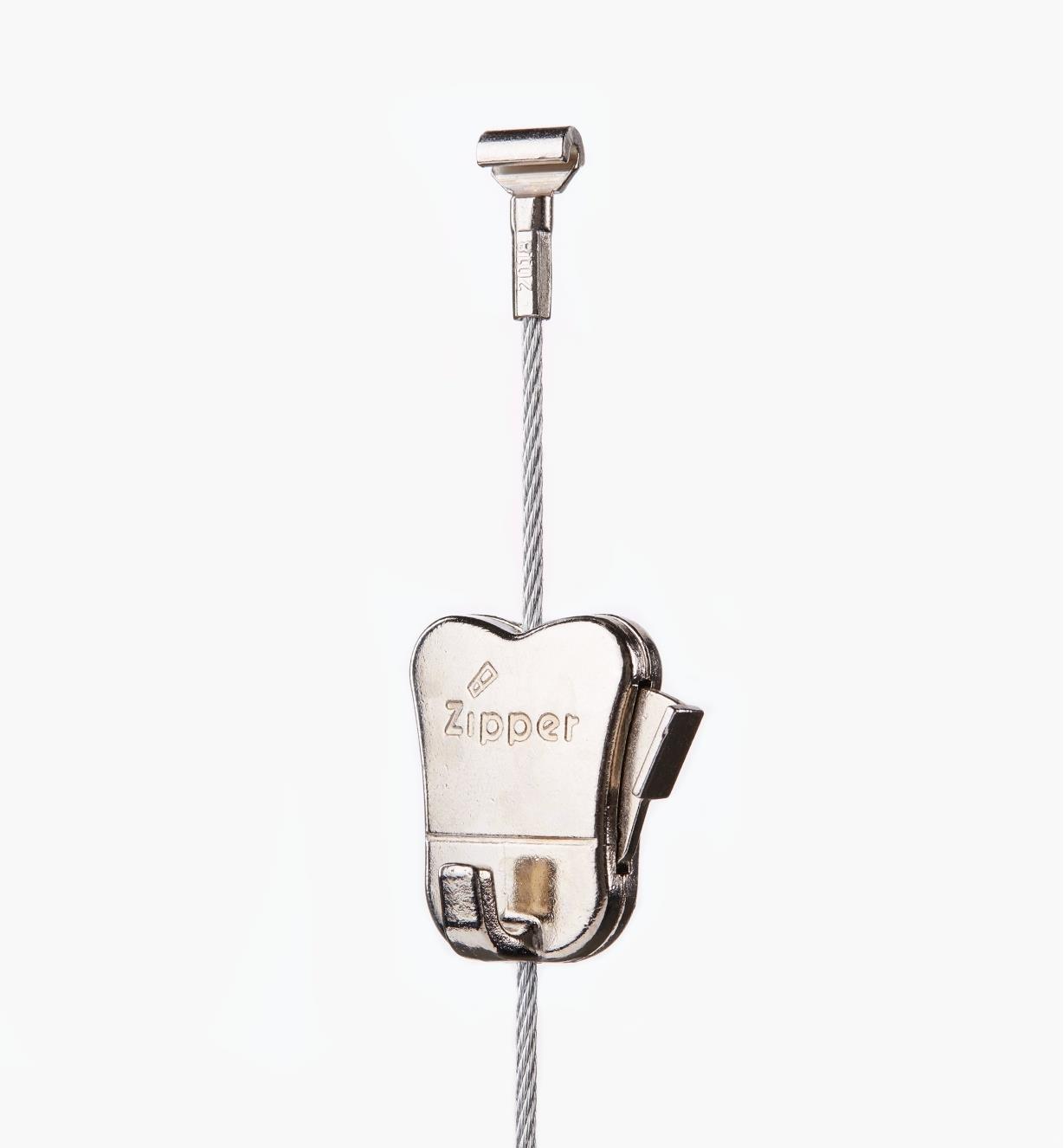 Cliprail Zipper Picture Hook hanging from a steel cable