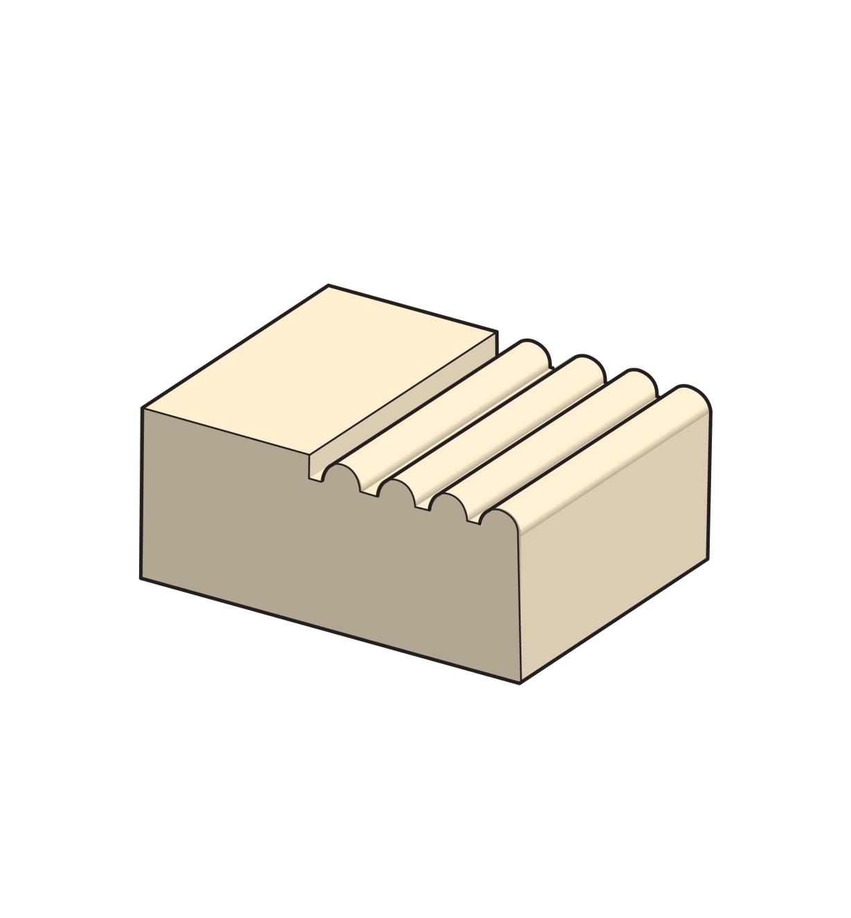 Illustration of a cross section through a block showing the profile of cut the four-reed blade makes