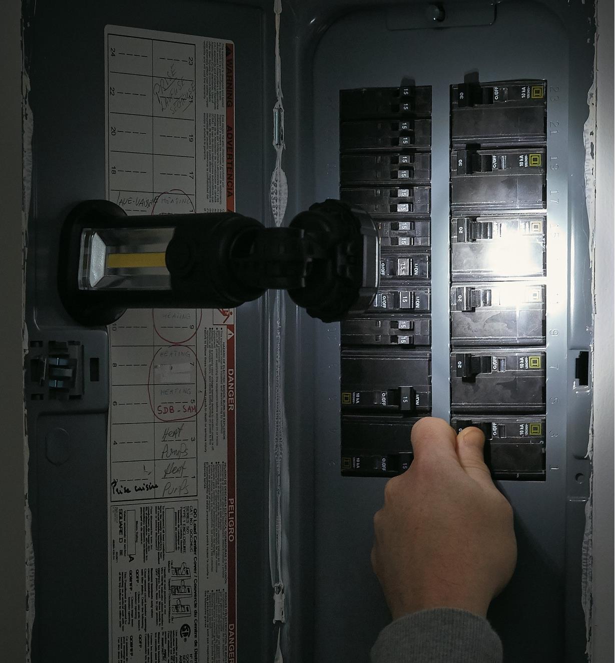 Easy-to-Aim Work Light illuminating an electrical panel