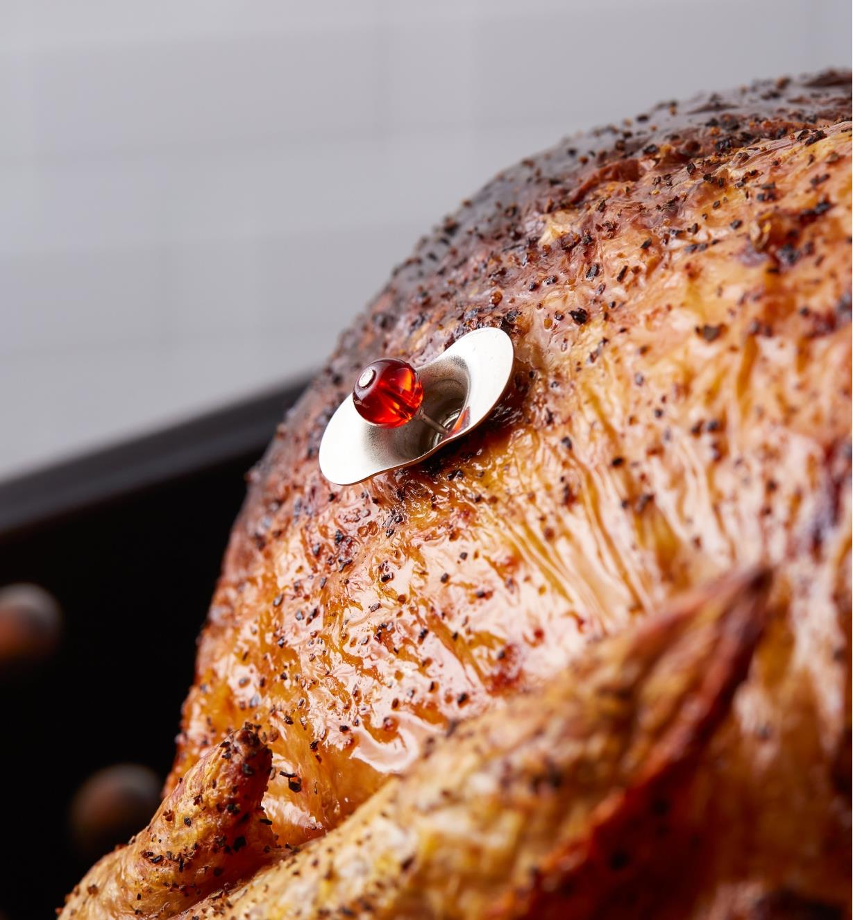 The indicator bead on the reusable pop-up turkey timer has popped up, indicating the turkey is fully cooked