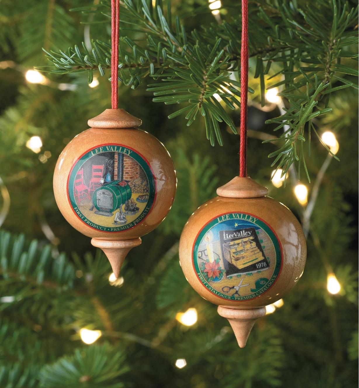 Two Lee Valley Custom Ornaments hanging on a Christmas tree