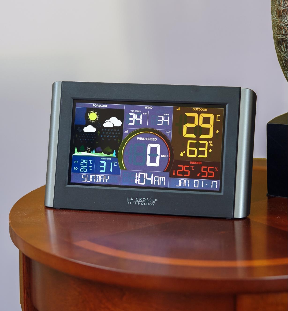 The display unit of the Wi-Fi weather station with wind sits on a tabletop