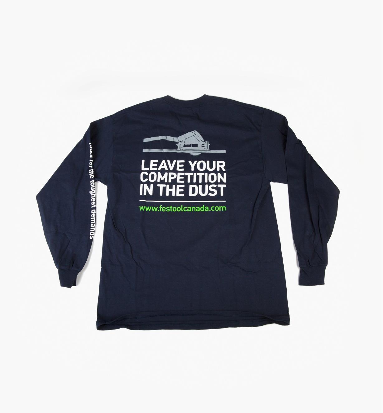 Derrière du T-shirt avec une image d'une scie circulaire et les mots « Leave your competition in the dust » imprimés en grosses lettres