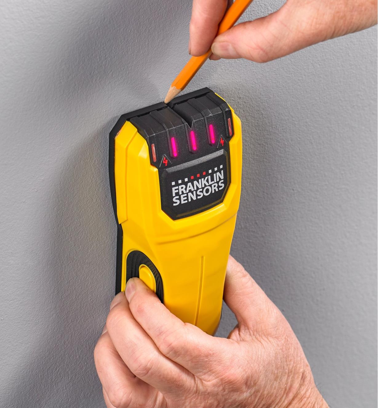 The Franklin M50 stud detector’s pencil notch is used in marking a stud’s location