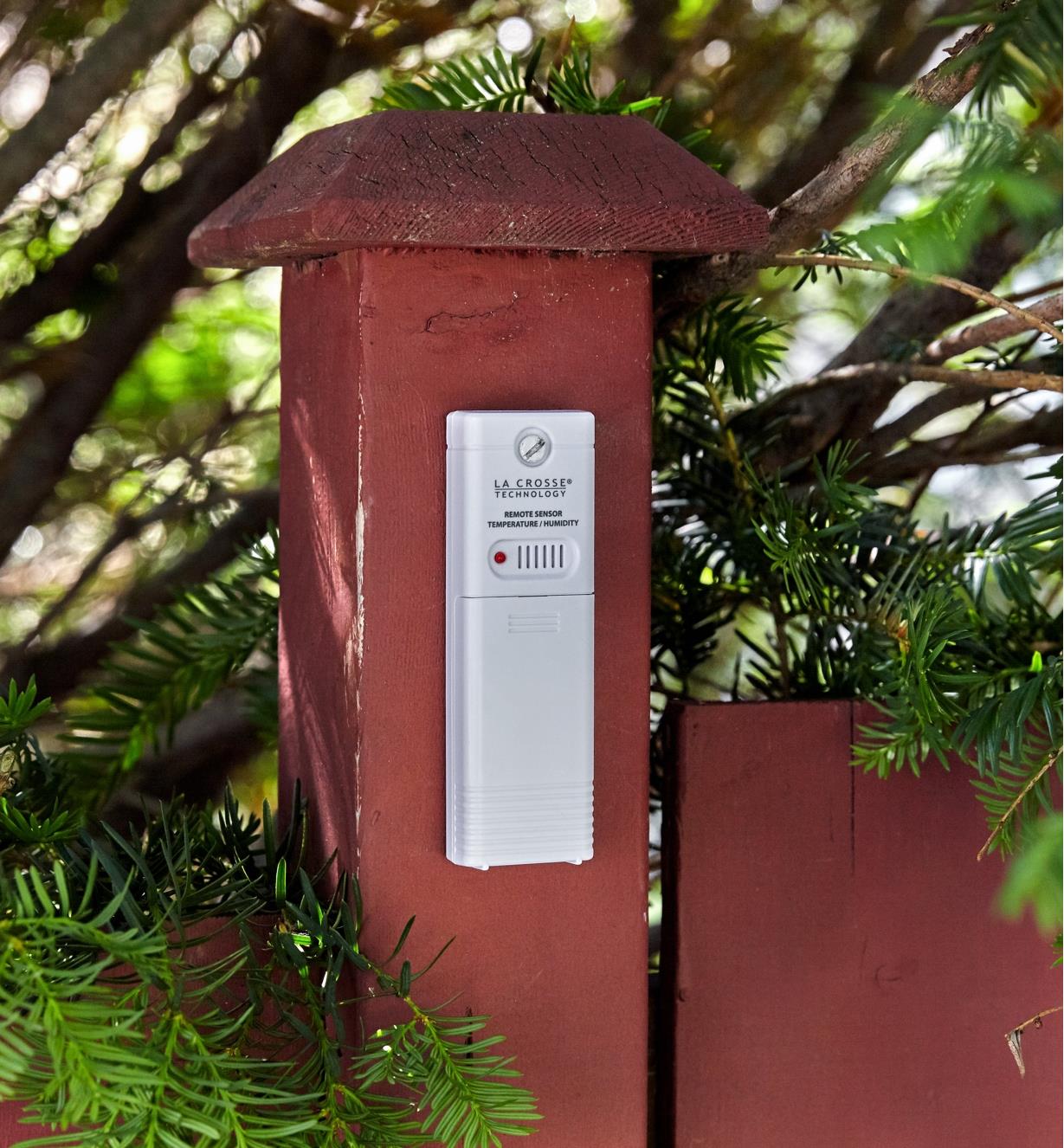 The wireless weather station’s outdoor temperature/humidity sensor mounted on a post