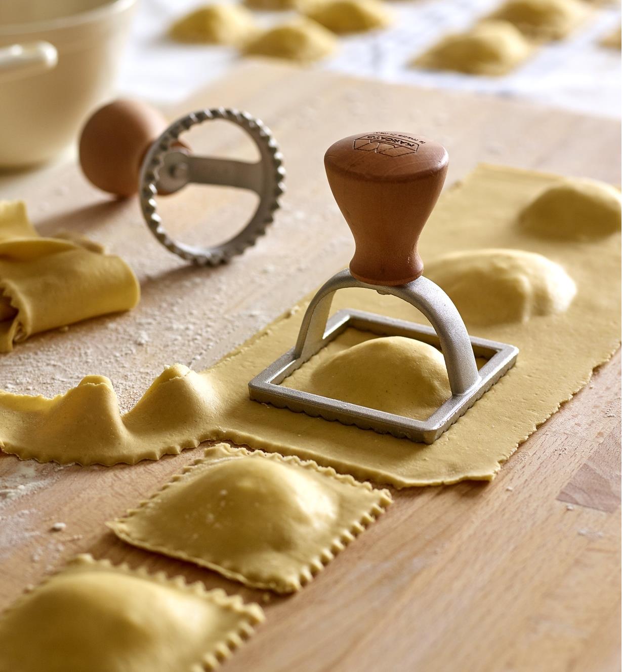 Square ravioli stamp set up to cut out square-shaped ravioli