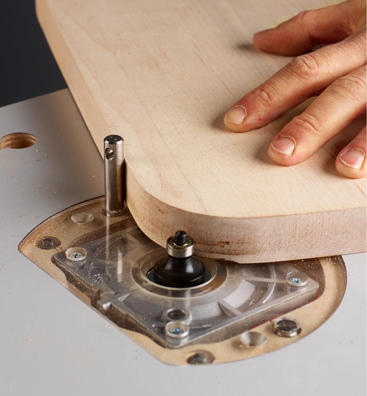 Tige d'appui amovible insérée dans le plateau de table pour toupie compacte afin de guider une pièce courbe