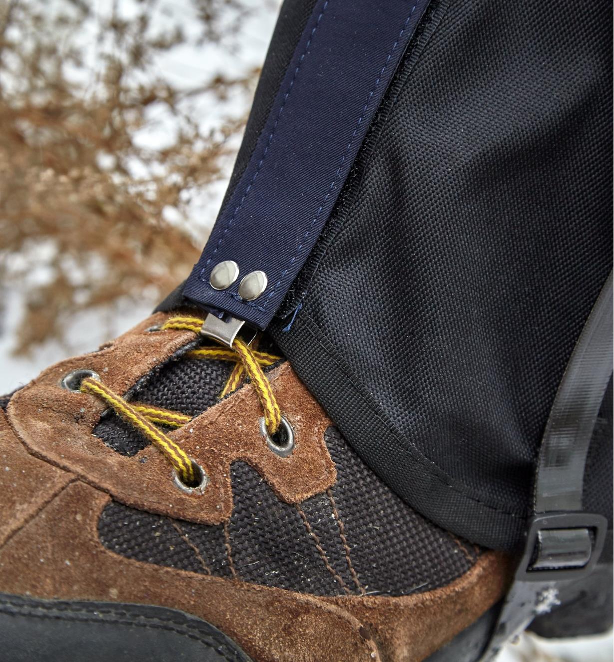 The lace hook on the nylon gaiter is reinforced with rivets for strength