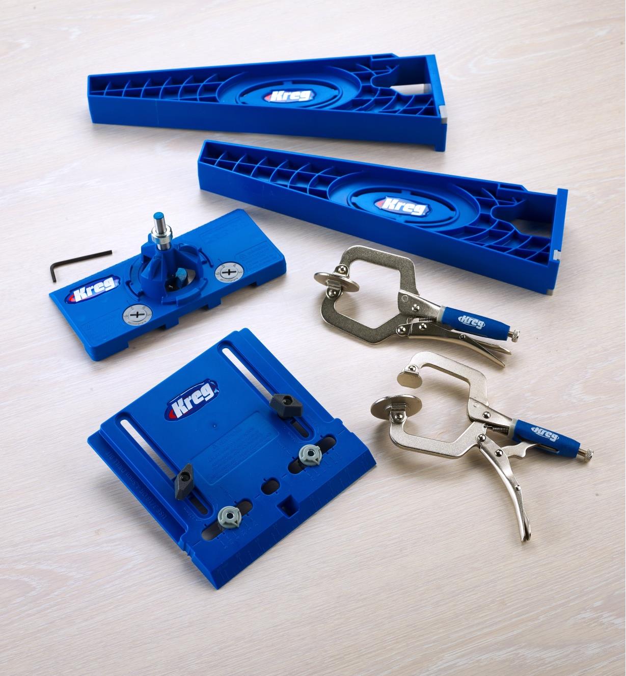 A Kreg European hinge jig, hardware jig, slide-mounting brackets, and jig clamps