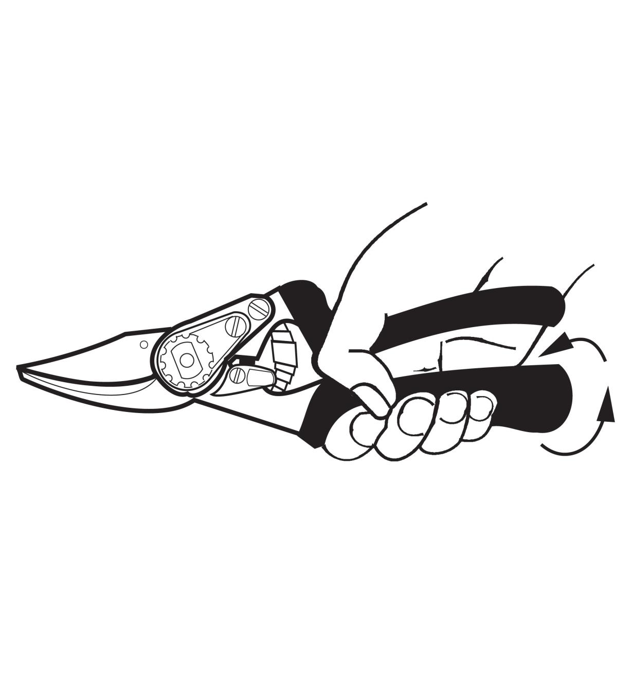 Illustration of lower handle rotating as the hand squeezes the pruner handles