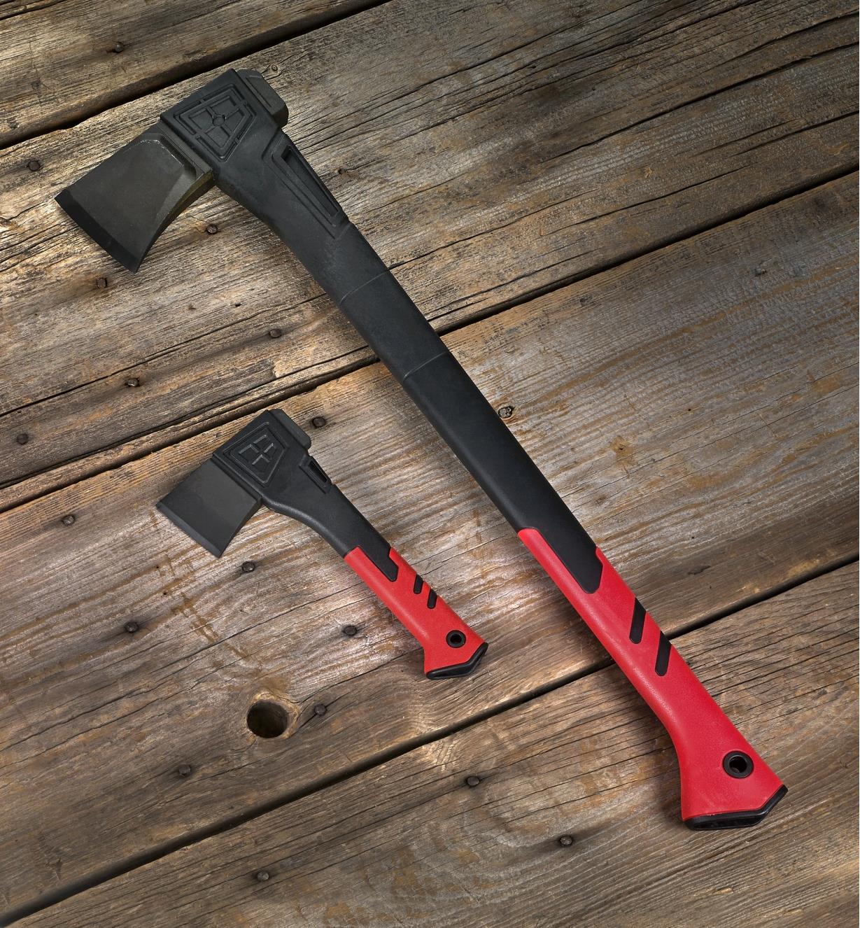 The splitting axe and the hatchet shown next to each other for scale