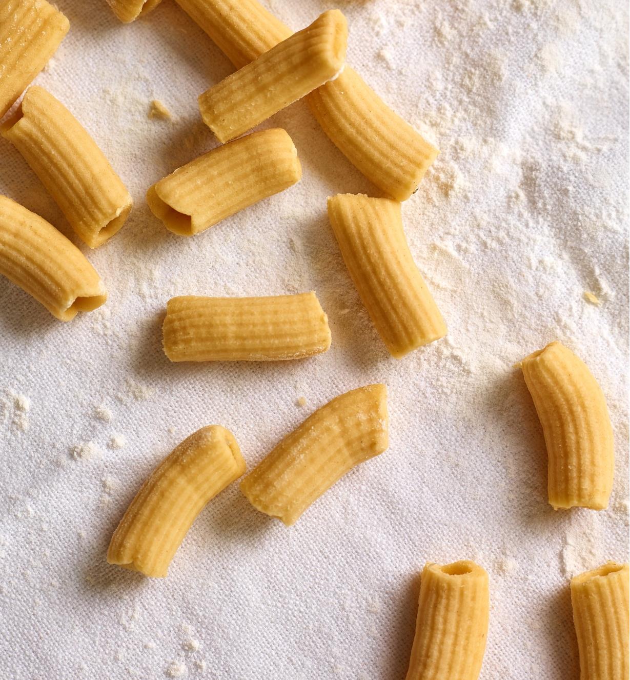 Fresh rigatoni noodles made with the Marcato Pasta Extruder