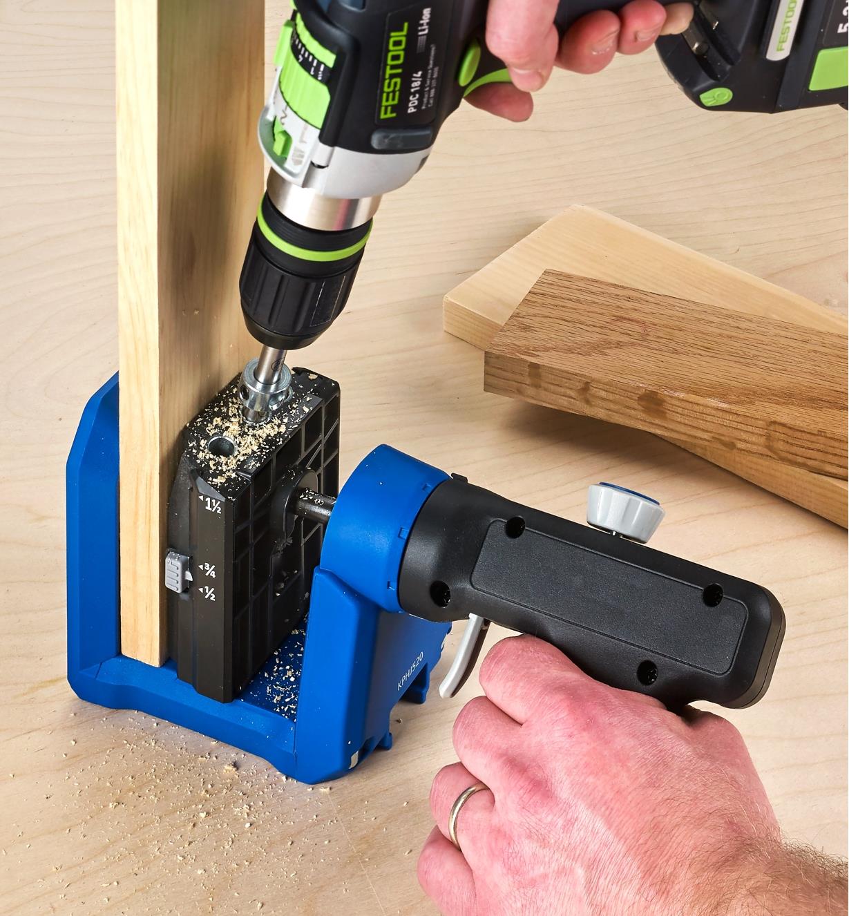 Drilling pocket holes with a Kreg 520 Pro jig, with the rotating clamp handle offset for clearance