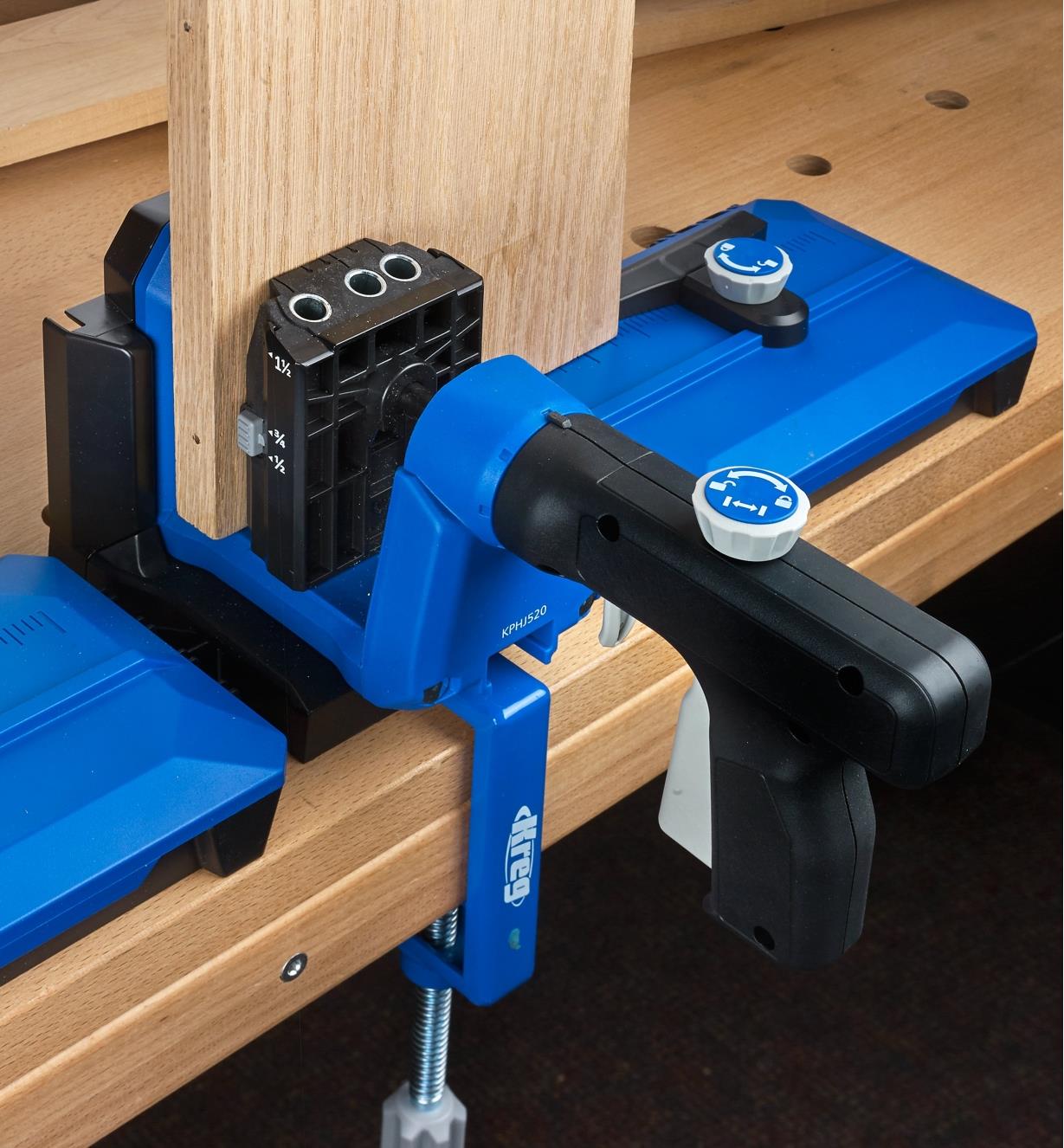 A Kreg 520 Pro jig mounted on the docking station to use its work stops for precise hole placement