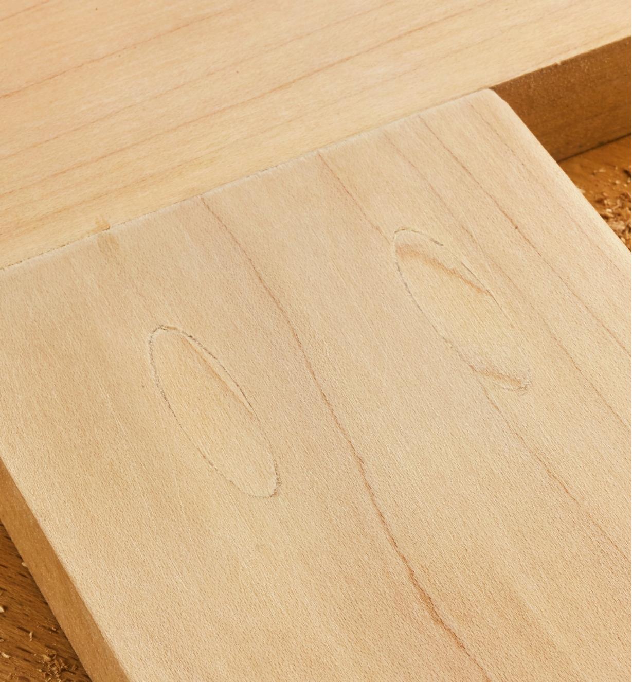 Wooden plugs cut with the Kreg 740 plug-cutter kit, inserted in two pocket holes and trimmed flush