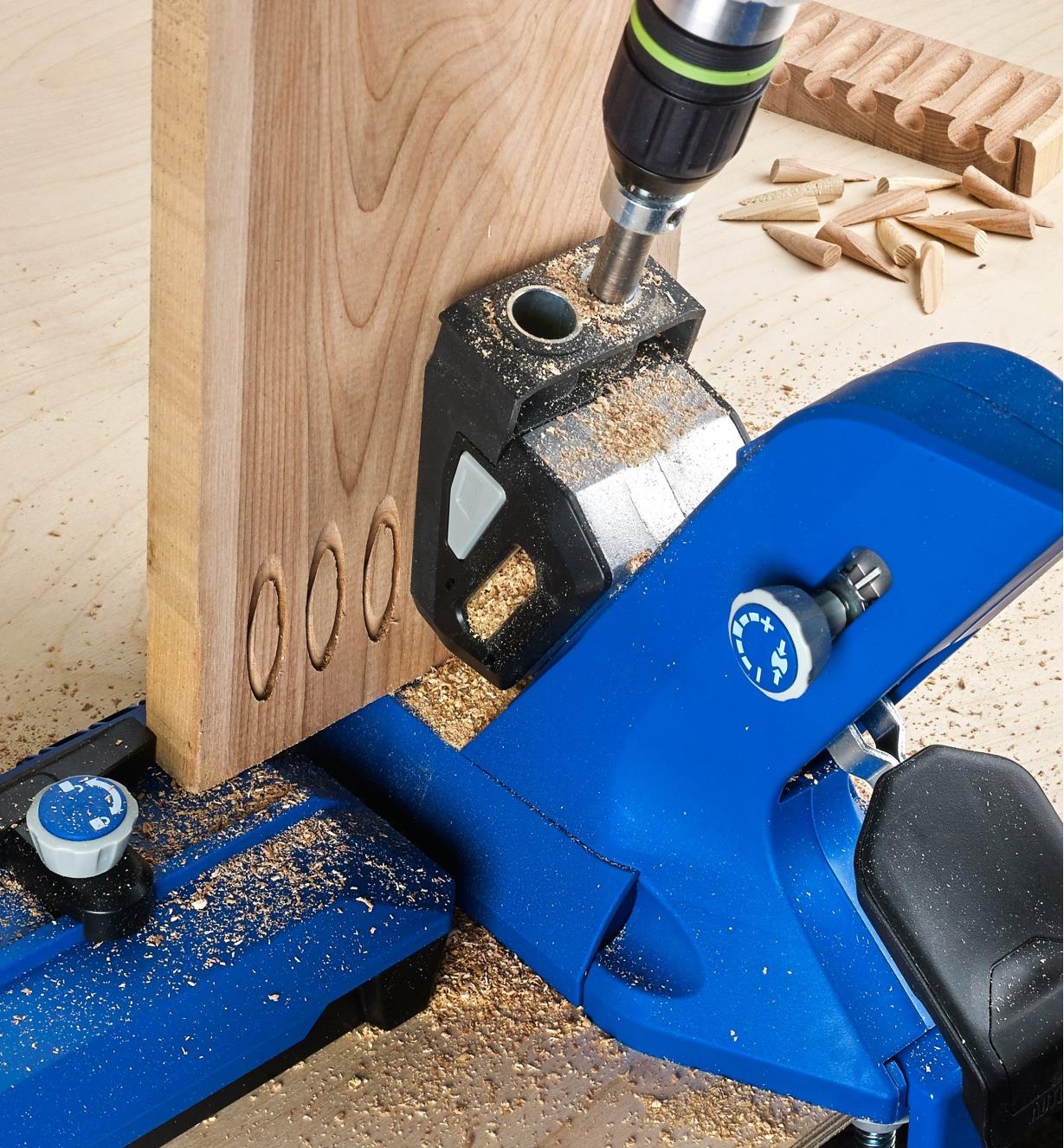 The Kreg 740 kit used with the 720 Pro jig to cut wooden plugs to conceal pocket holes