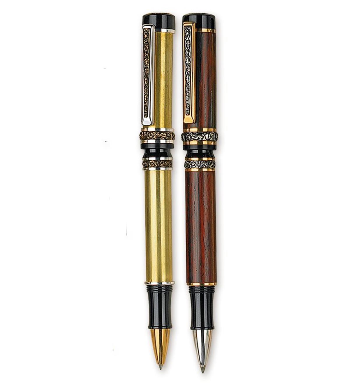 Example of completed Cambridge Rollerball Pen beside pen hardware