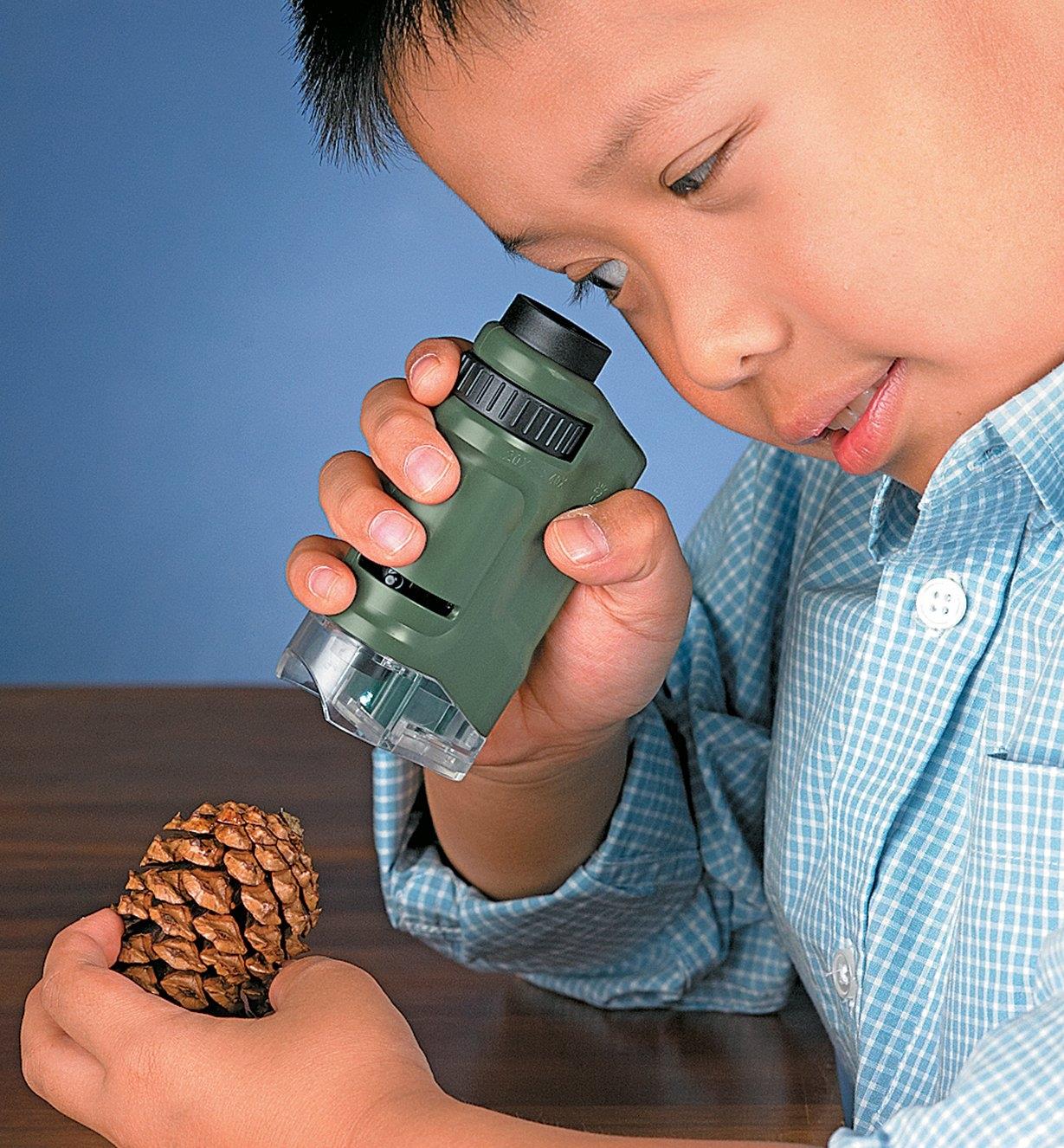 A child uses the Pocket Microscope to look at a pine cone