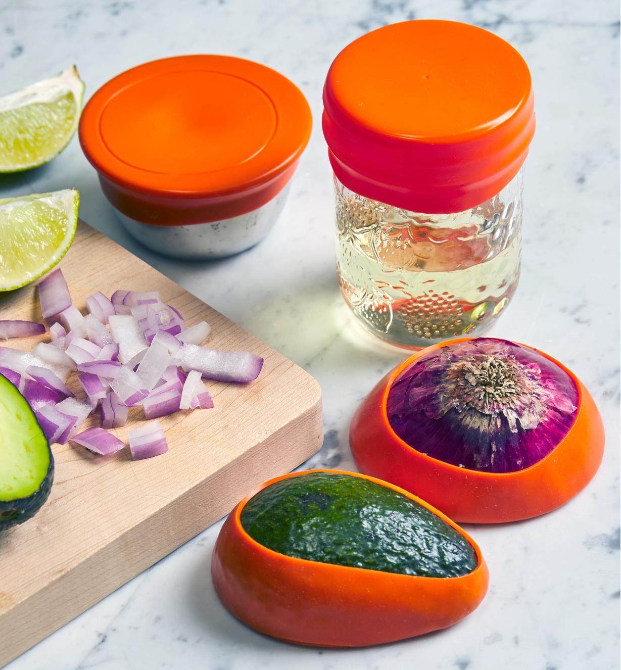 Medium seal caps covering containers and portions of an onion and an avocado