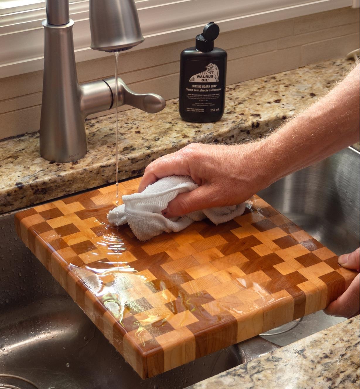 Washing a cutting board using Walrus Oil cutting board soap