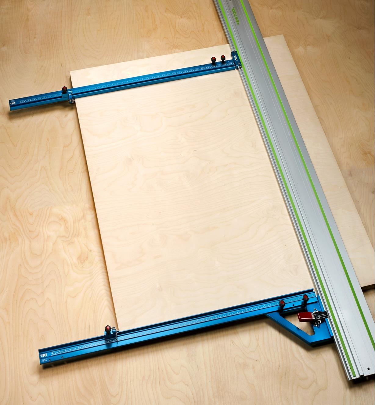 The TPG system mounted on a track-saw guide rail with a GRS-16 guide rail square and a TGP adapter