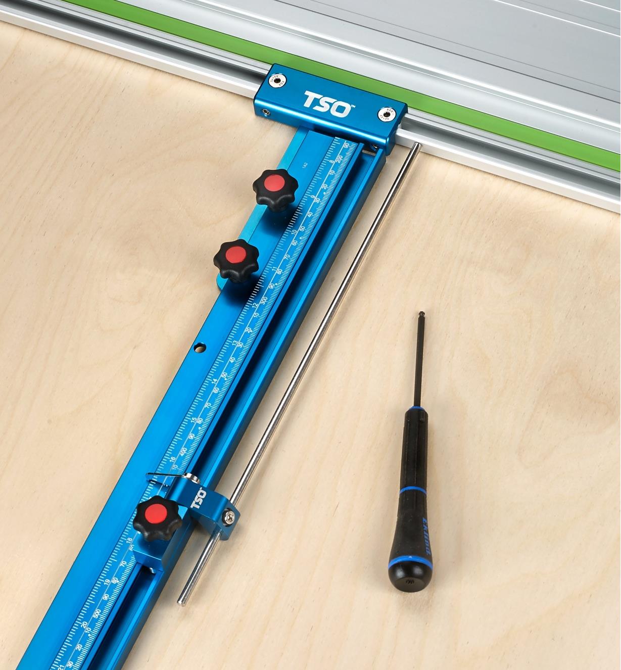 A TPG T-track mounted on a track-saw guide rail, used with an extra-long calibration rod