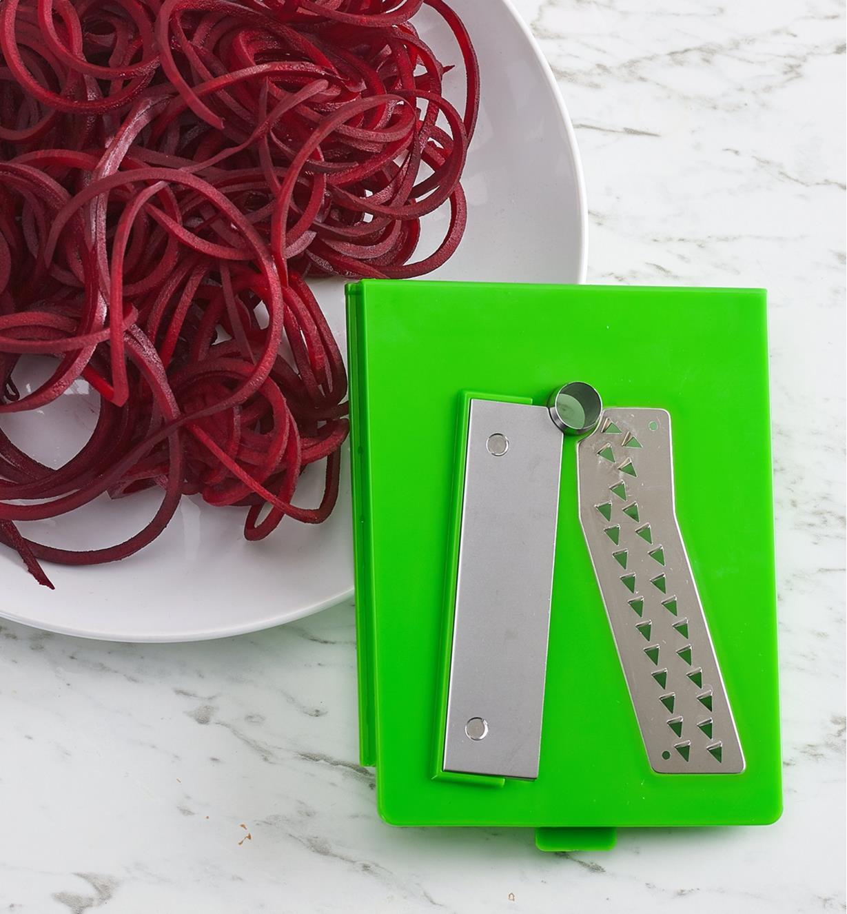 1/8" spaghetti-cut blade from the tabletop spiralizer with spaghetti-cut beets