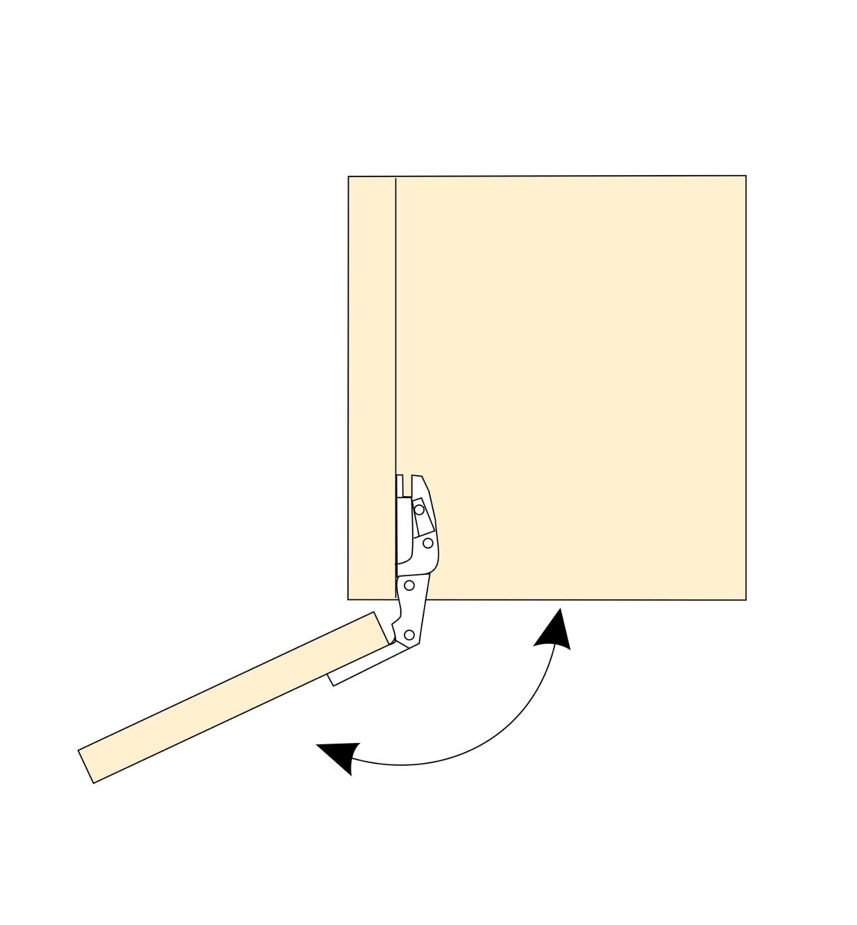 Diagram of a door showing maximum opening angle of a Blum standard 155° zero-protrusion soft-close clip-top overlay hinge