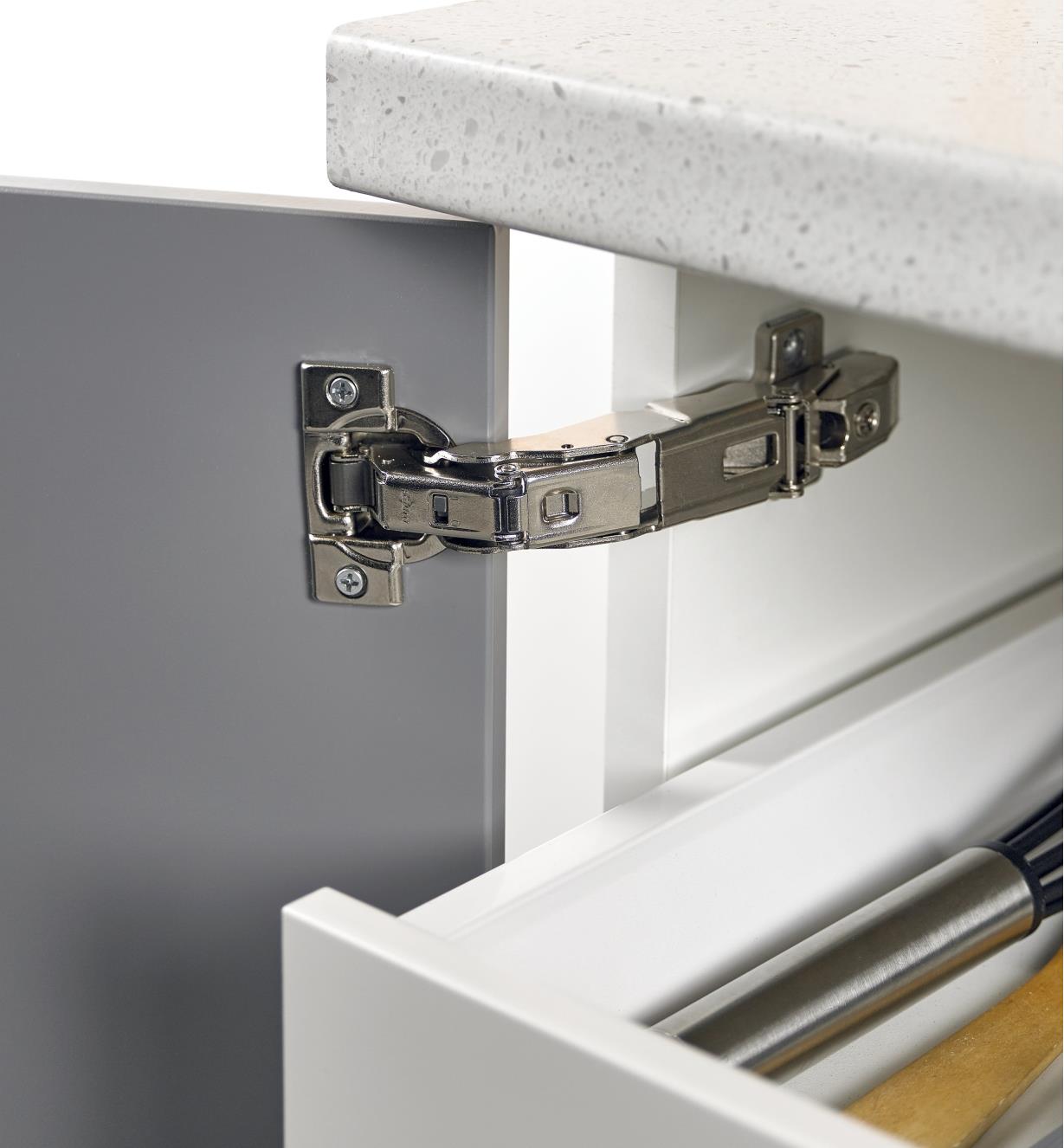 A door with a Blum standard 155° zero-protrusion  soft-close clip-top overlay hinge clears the cabinet to permit roll-outs