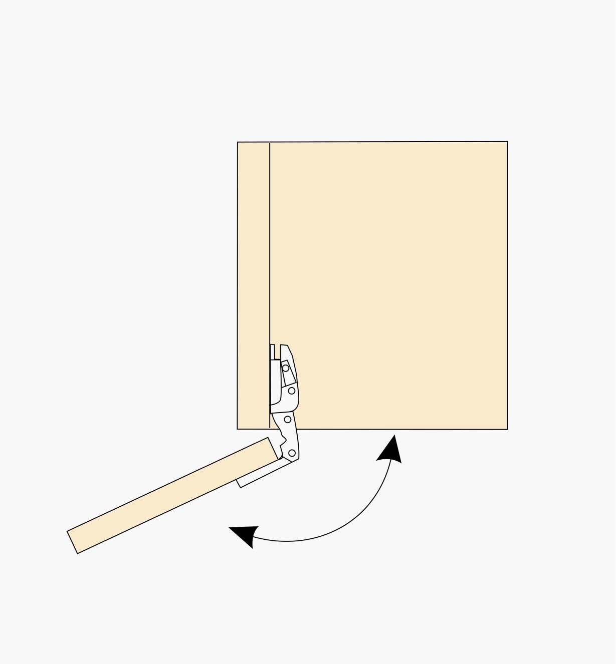 Diagram of maximum 155° opening angle of a standard 155° soft-close clip-top half overlay hinge