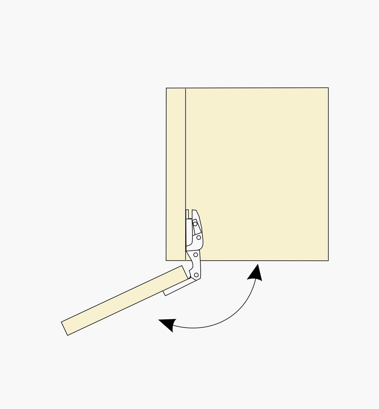 Diagram of maximum 155° opening angle of a standard 155° soft-close clip-top inset hinge