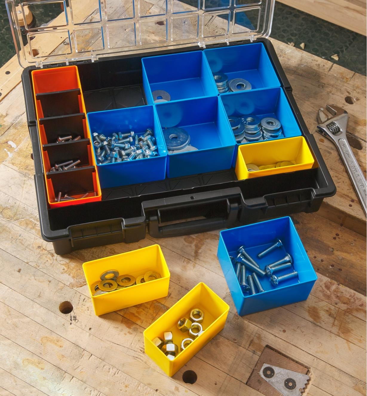 An open Allit Pro 15-compartment modular storage case holding nuts, bolts and washers