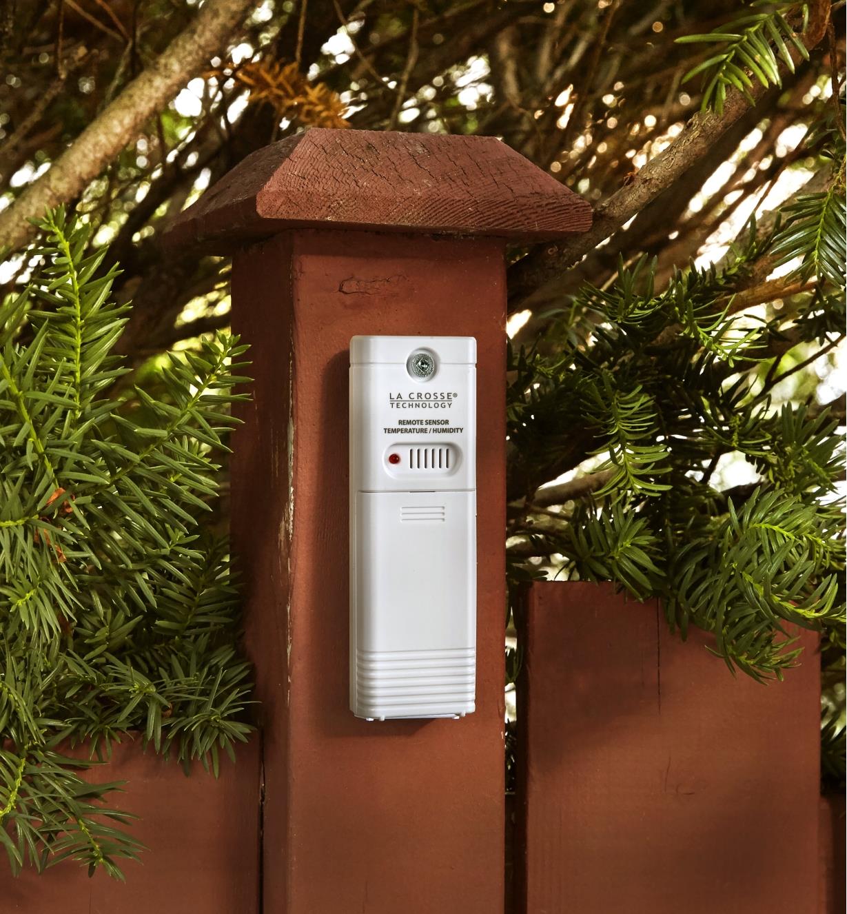 The outdoor sensor of the indoor/outdoor weather station mounted on a fence post