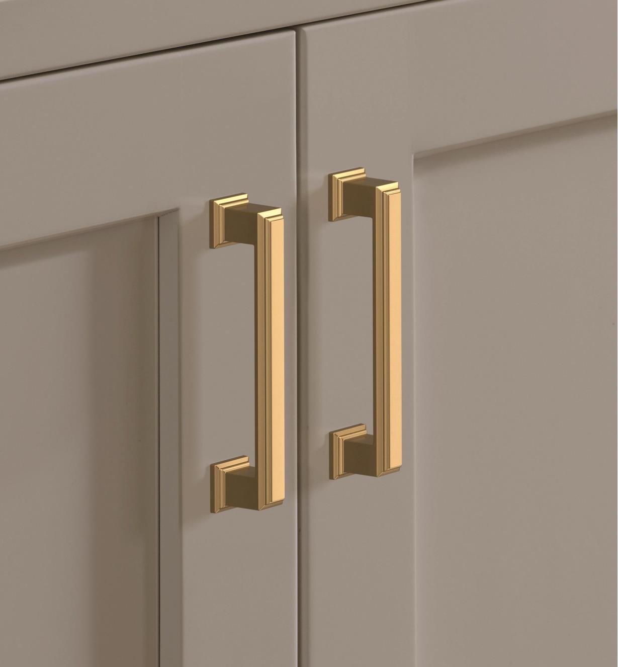 Two champagne bronze Appoint handles connected vertically to two cupboard doors