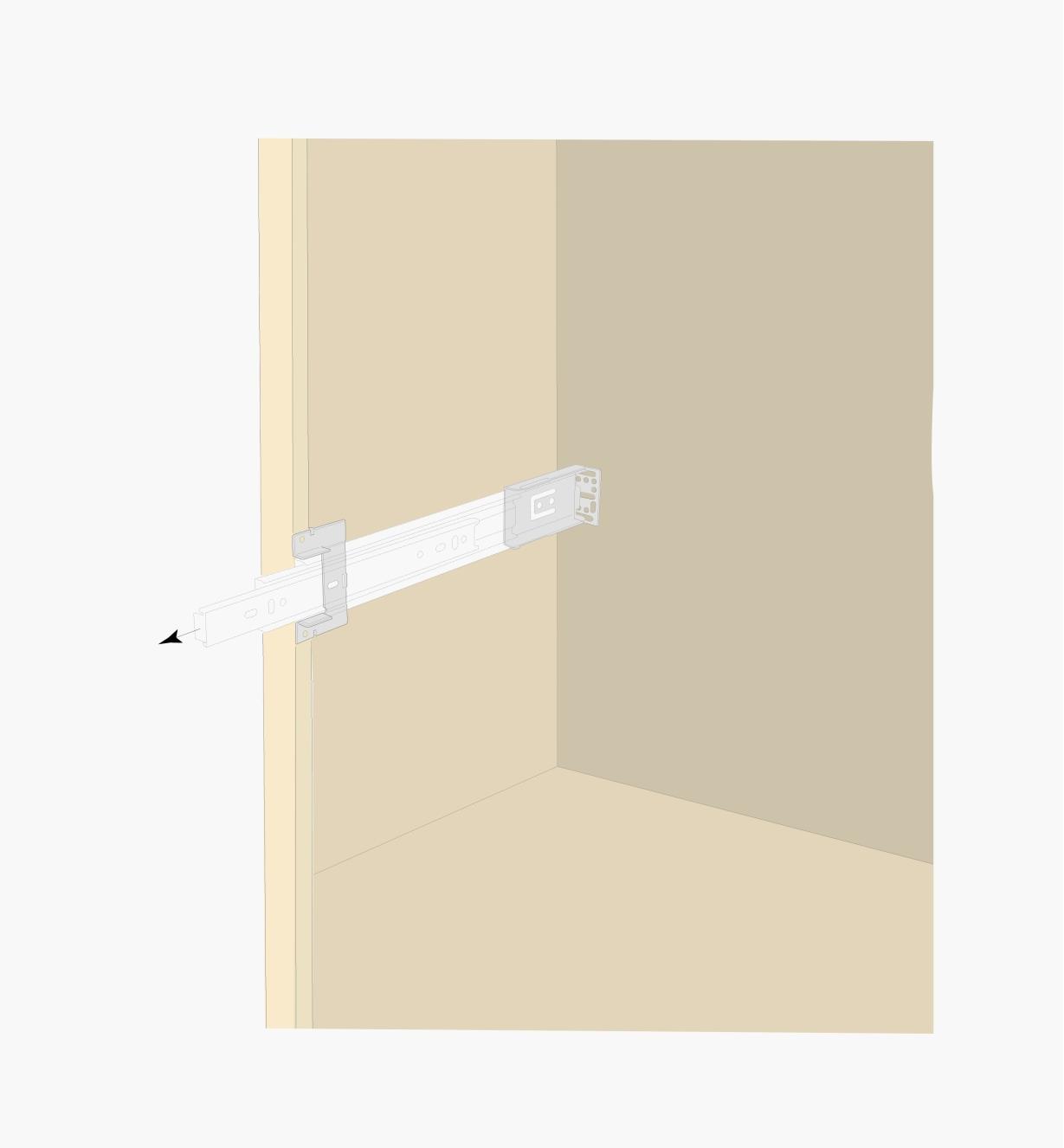 Illustration showing face-frame brackets guiding a slide on a face-frame cabinet