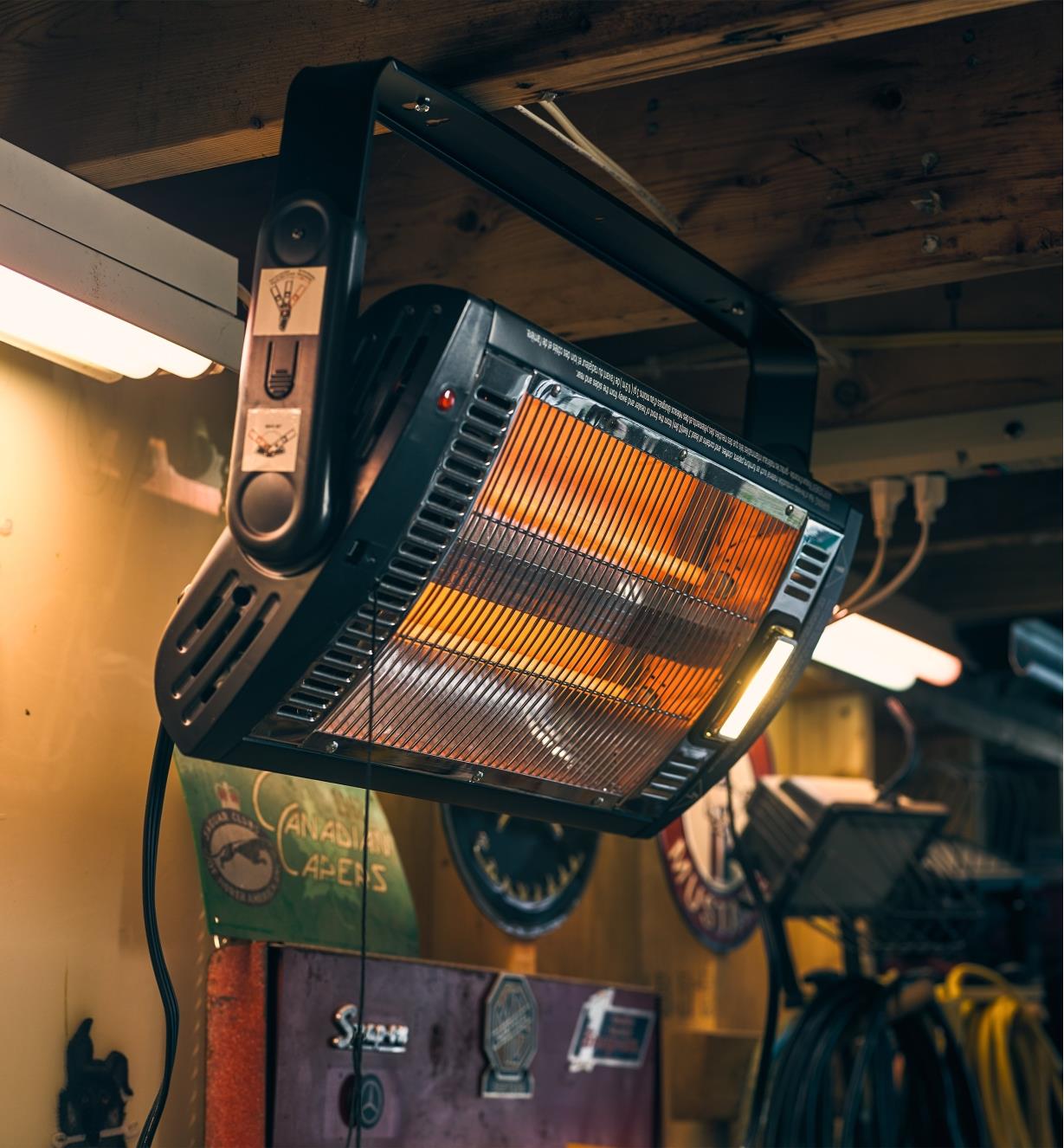 Quartz Overhead Radiant Heater suspended from a workshop ceiling