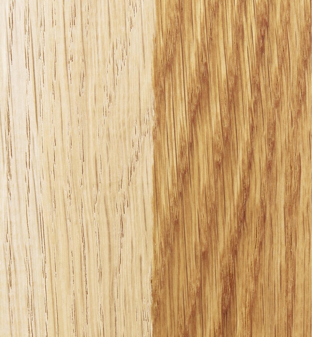 On the left is untreated wood, and on the right is wood treated with Odie’s Dark Oil