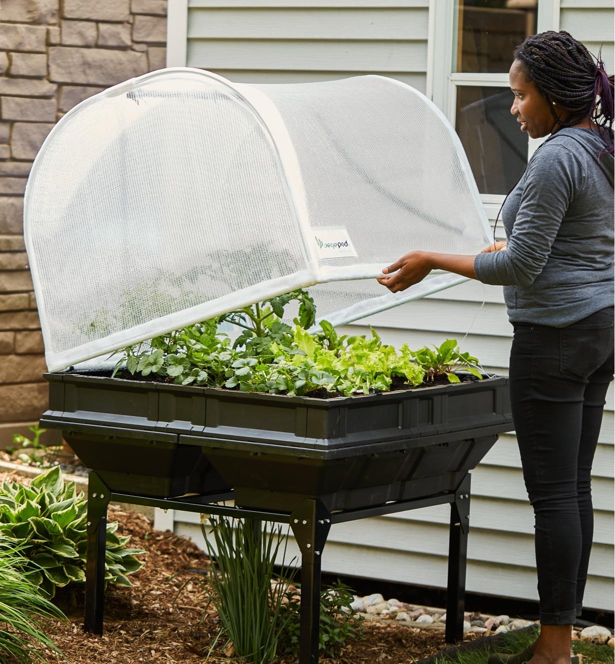A woman lowers the cover onto a Vegepod container garden filled with growing plants
