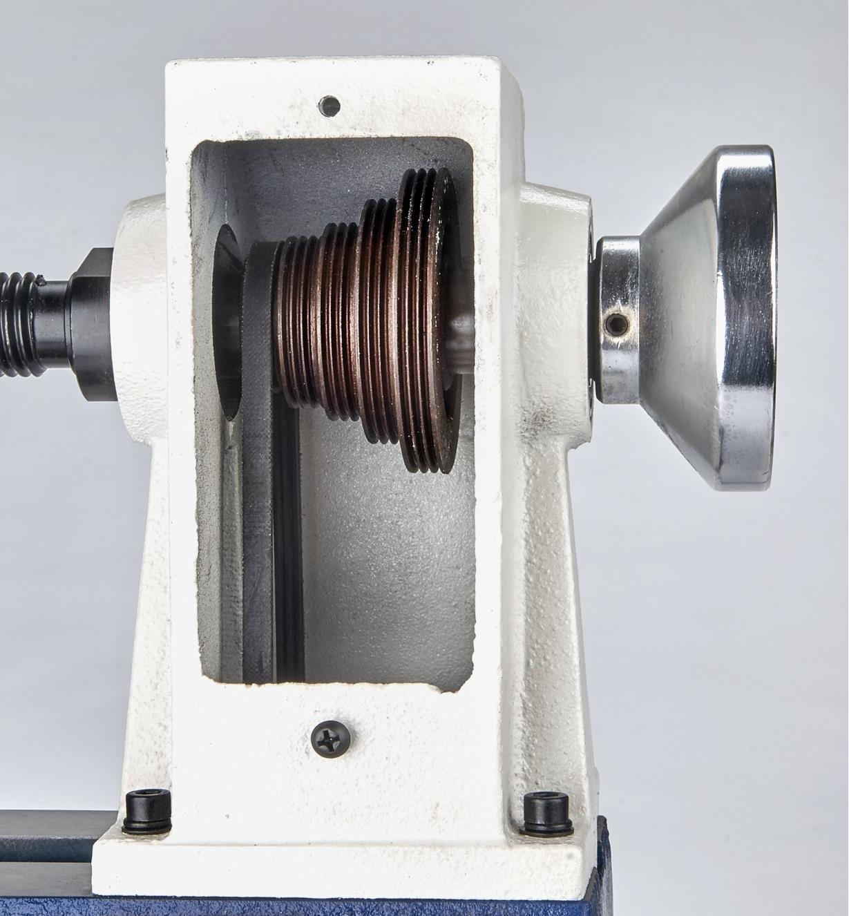 A close view of the stepped belt drive used to set the speed of a Rikon model 70-105 mini lathe