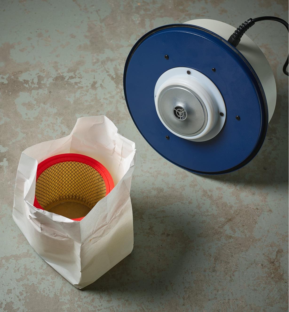 The pre-filter bag and cartridge filter removed from a Rikon 12 gallon dust extractor