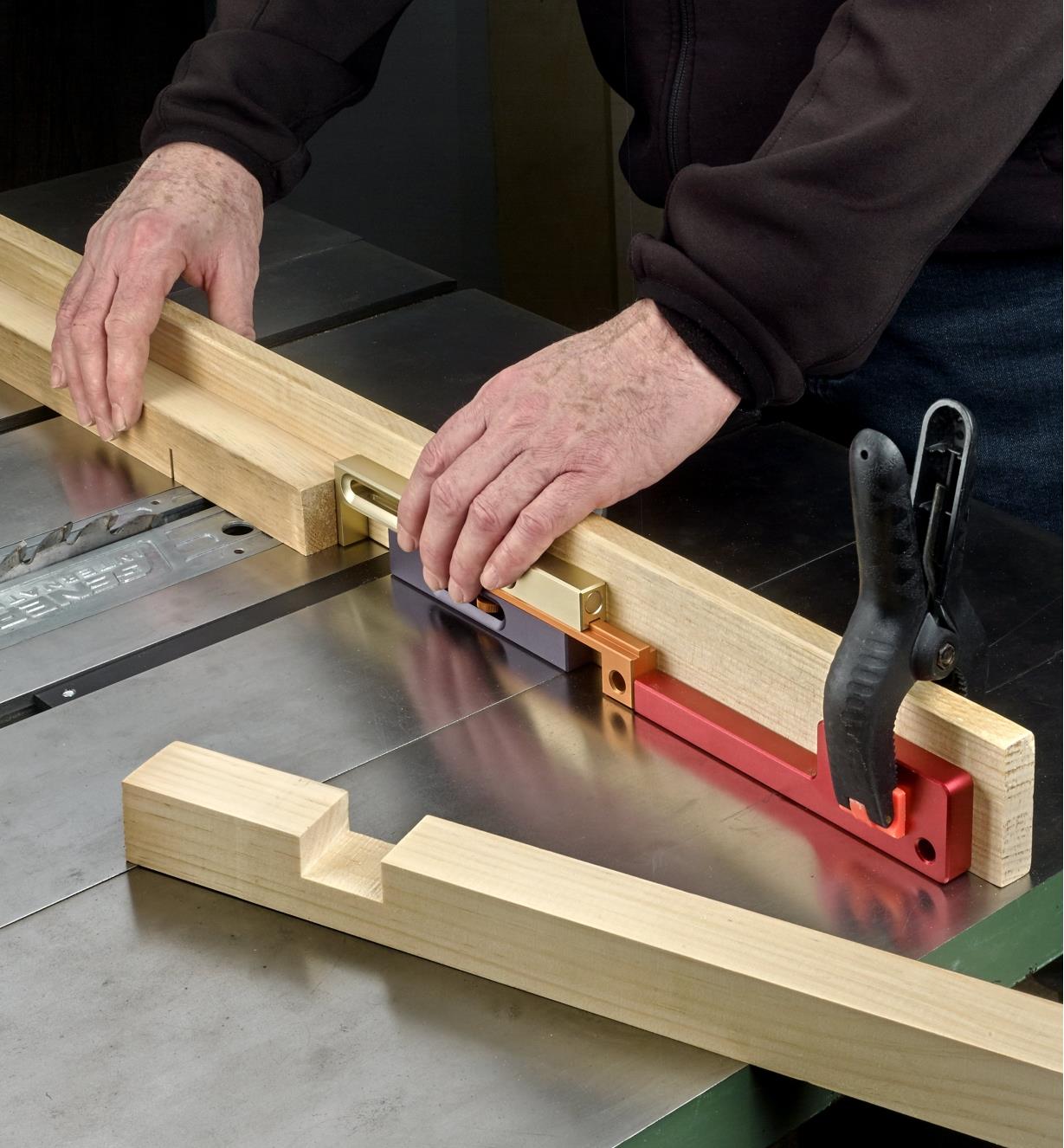 The large Kerfmaker inverted to position the second shoulder when making a lap joint on a table saw