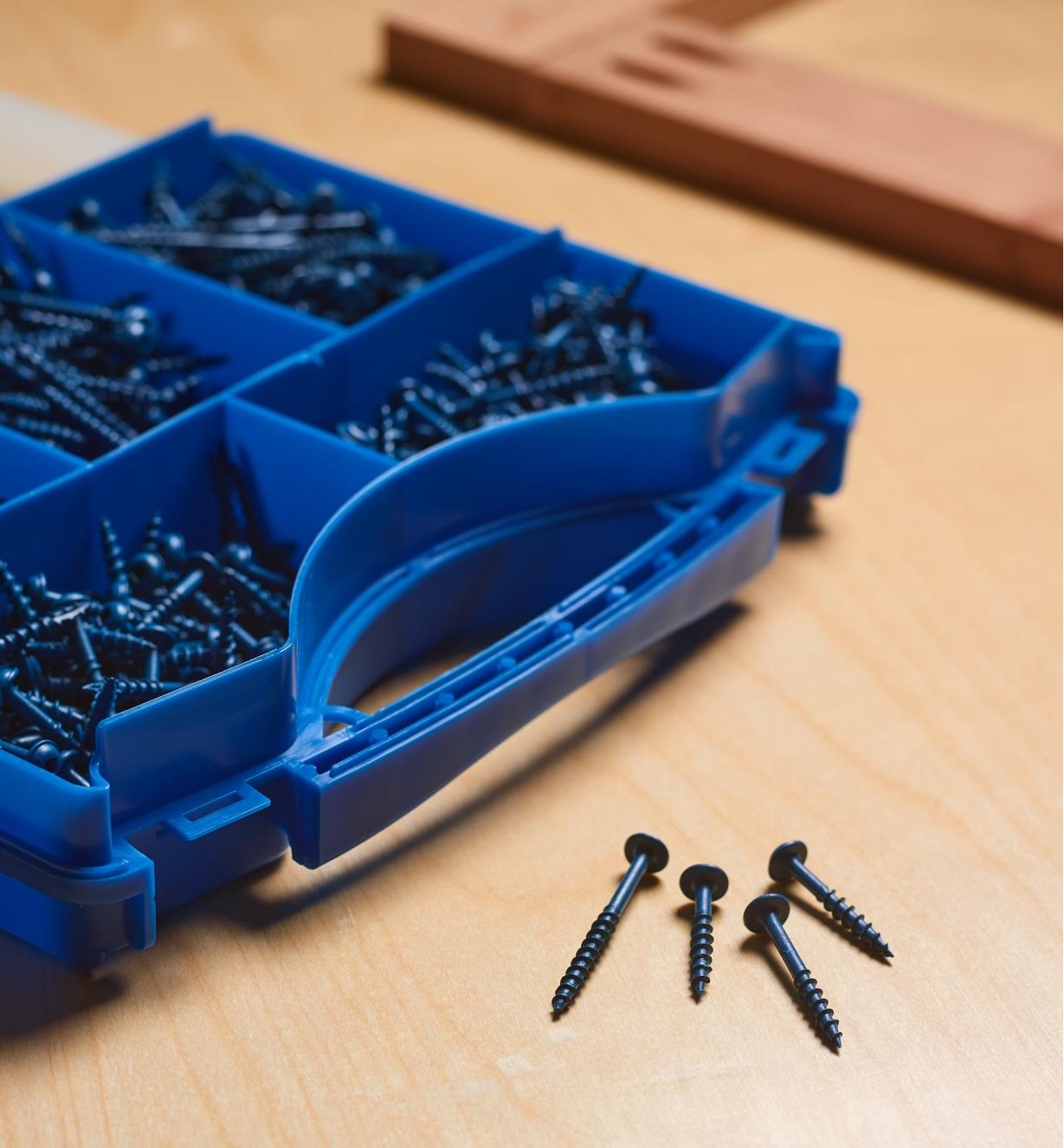 Screws organized in the portable divider case of the Kreg outdoor pocket-hole screw set