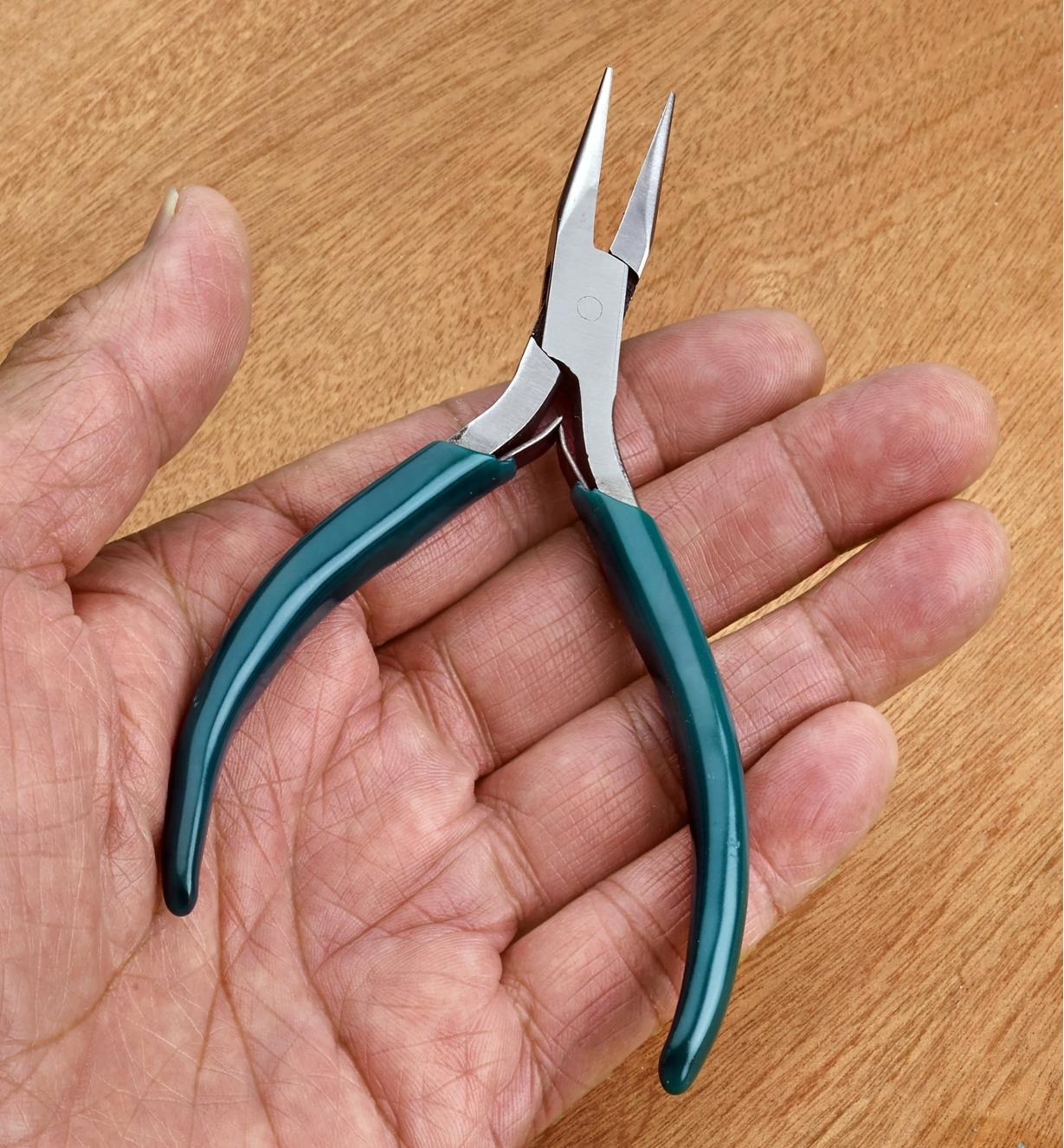 Long-nose pliers on the palm of a hand