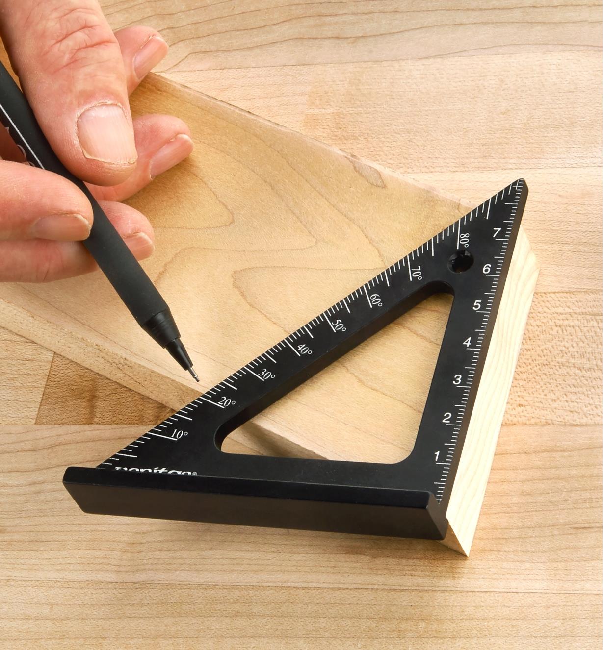 Using the protractor scale marked on a Veritas 85mm Pocket Layout Square to check an angled cut