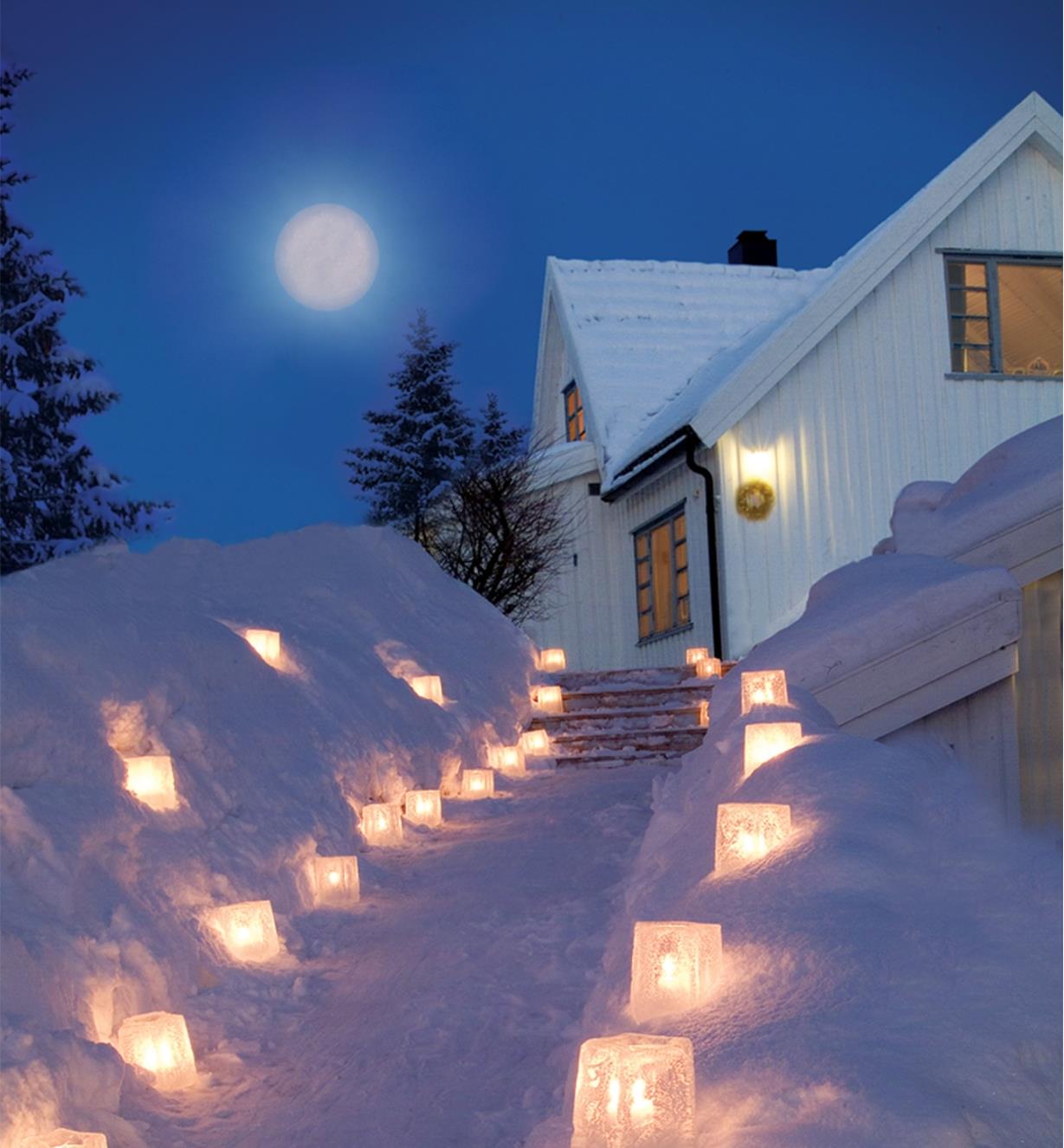 Ice lanterns set along a snowy walkway leading to a house