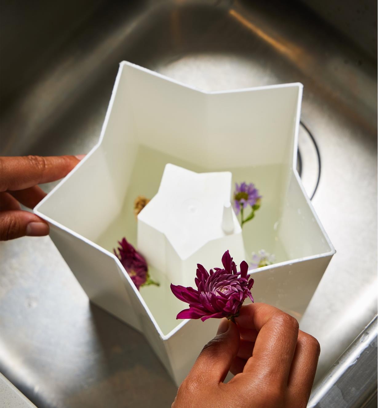 Filling an ice lantern mold with water and flowers