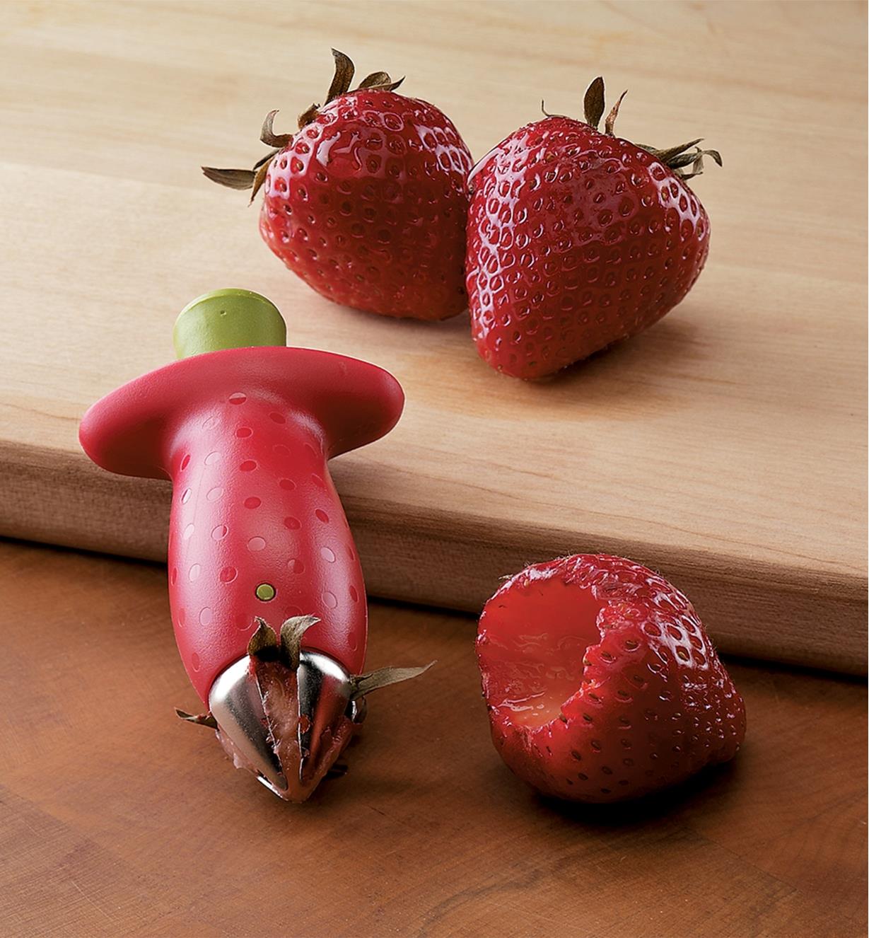 One Step Kid-Friendly Strawberry Stem Removal Red and Slice Tool Hull Fusionbrands PushBerry  2-in-1 