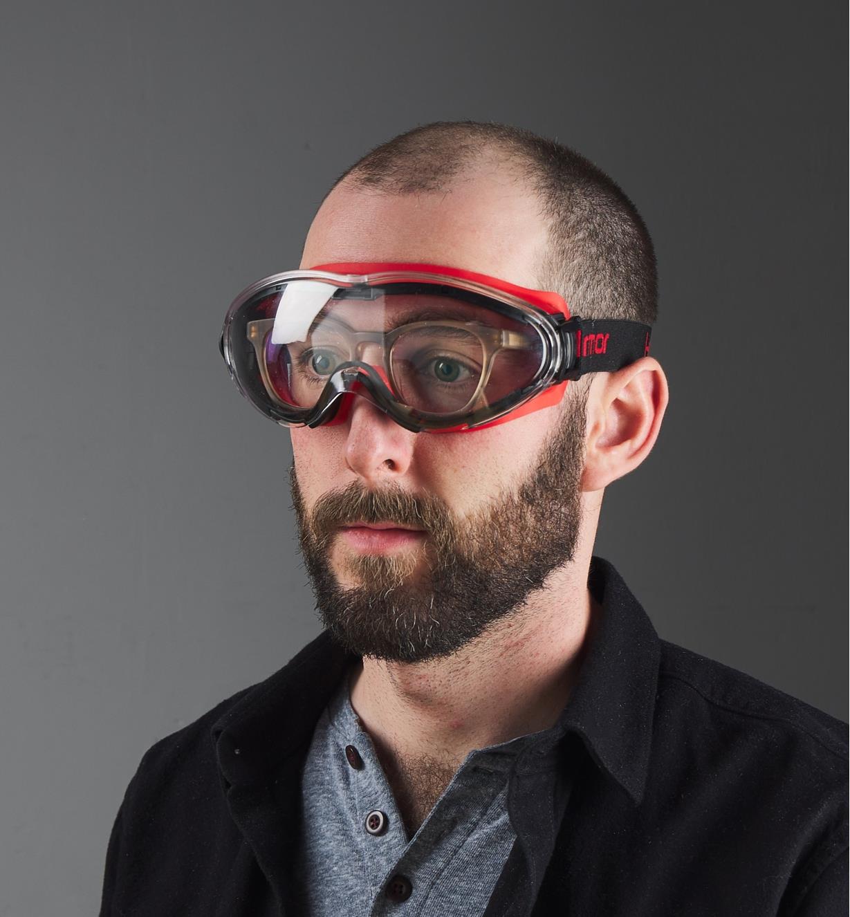 A man wearing chemical splash goggles