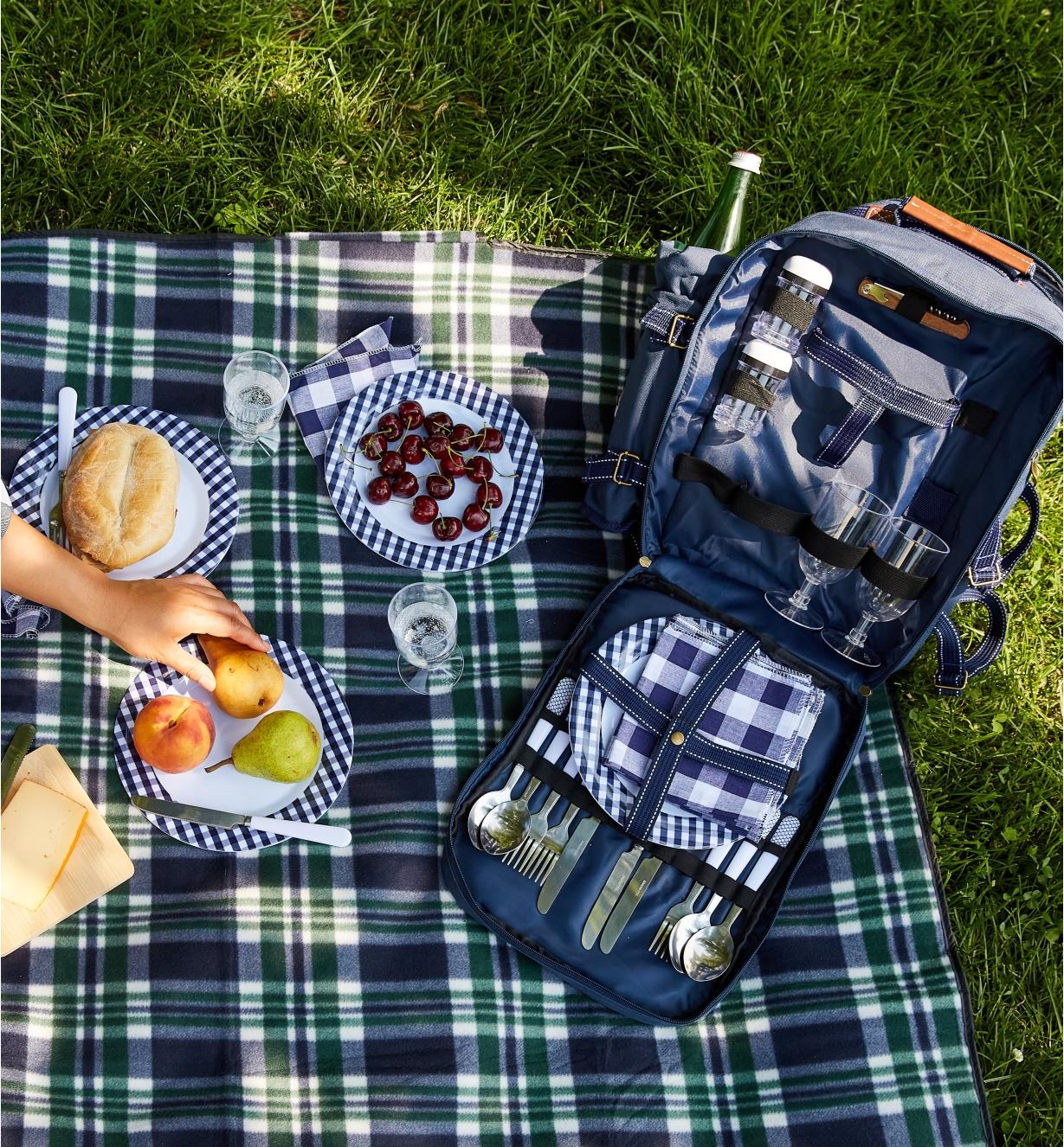 Components of the deluxe picnic backpack laid out in readiness for a picnic meal